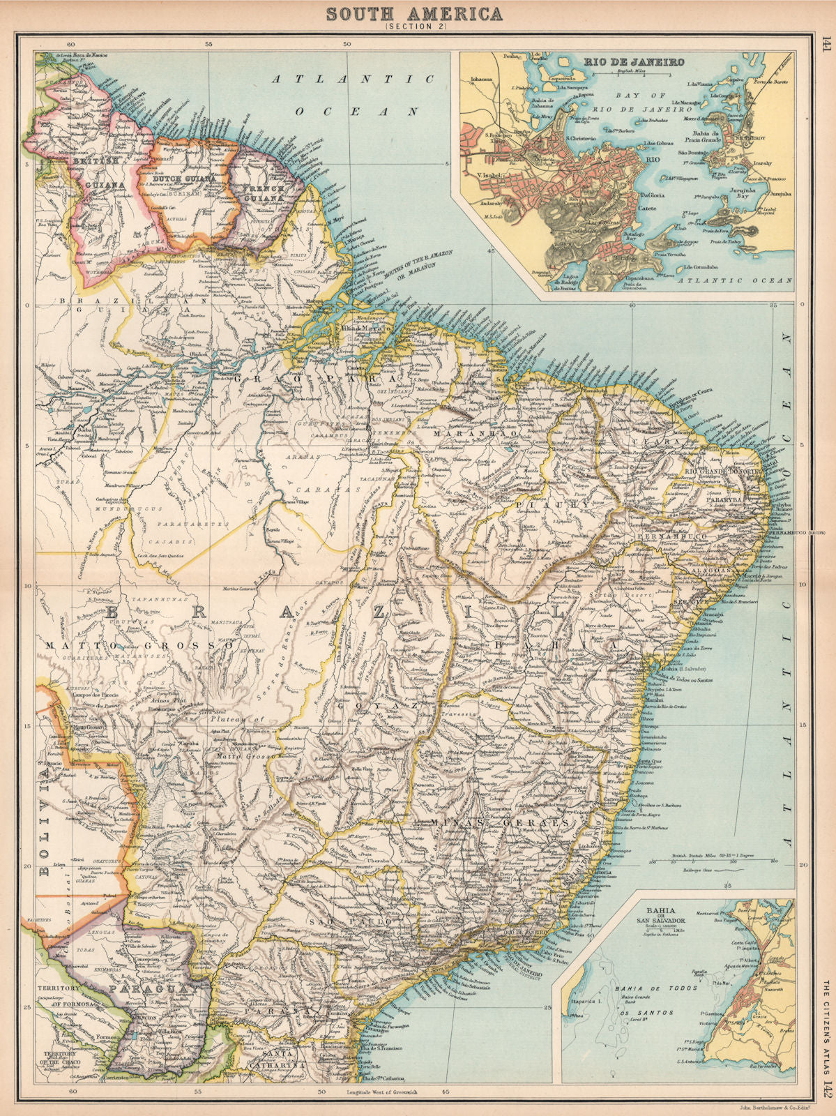 BRAZIL & THE GUIANAS. Inset Rio de Janeiro & Salvador de Bahia plans 1912 map